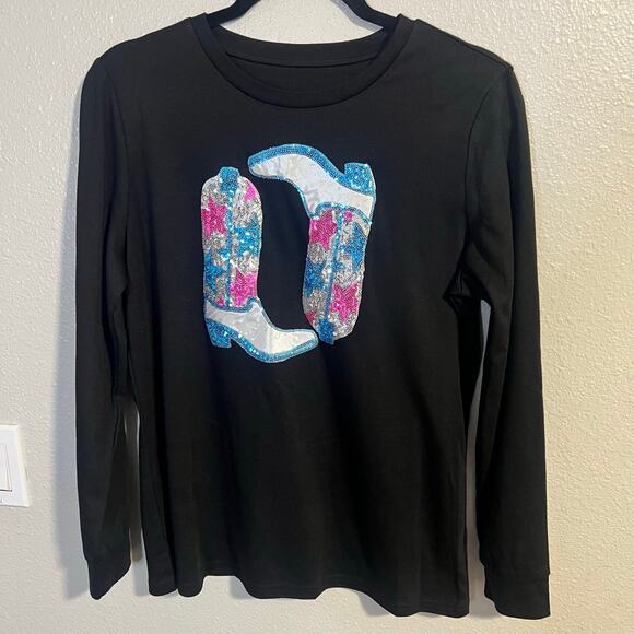 Sequin Cowboy Boot Black Long Sleeve Boutique Top Size M - Picture 1 of 4